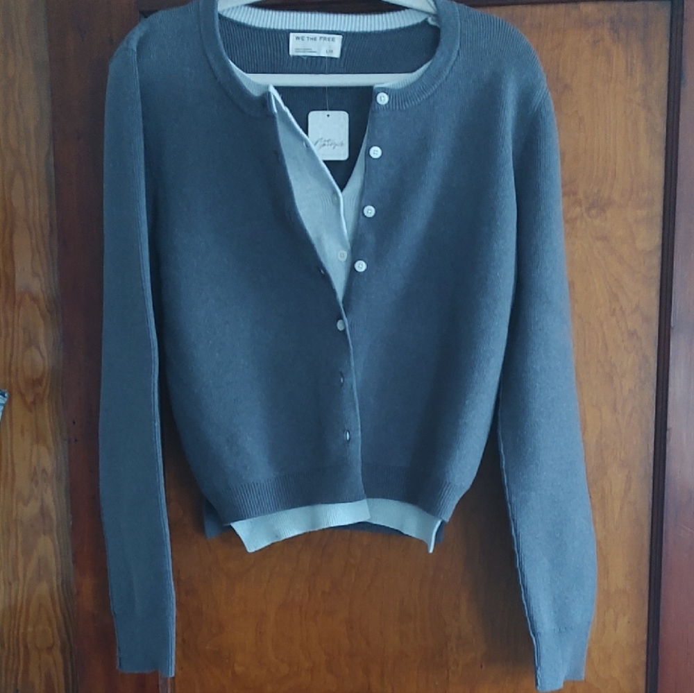 We The Free Slate Blue Button-Up Crew Cardigan